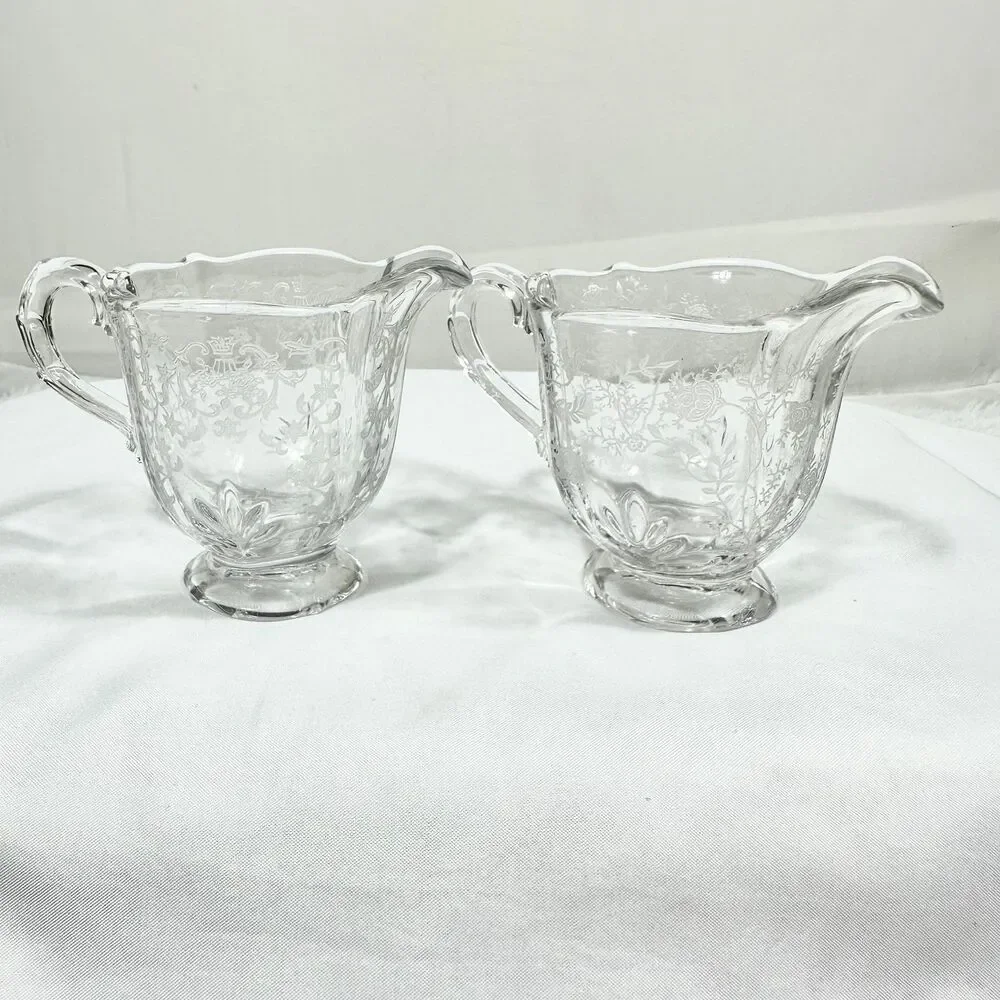 Fostoria Two Vintage Chintz Etched Glass Creamer Baroque